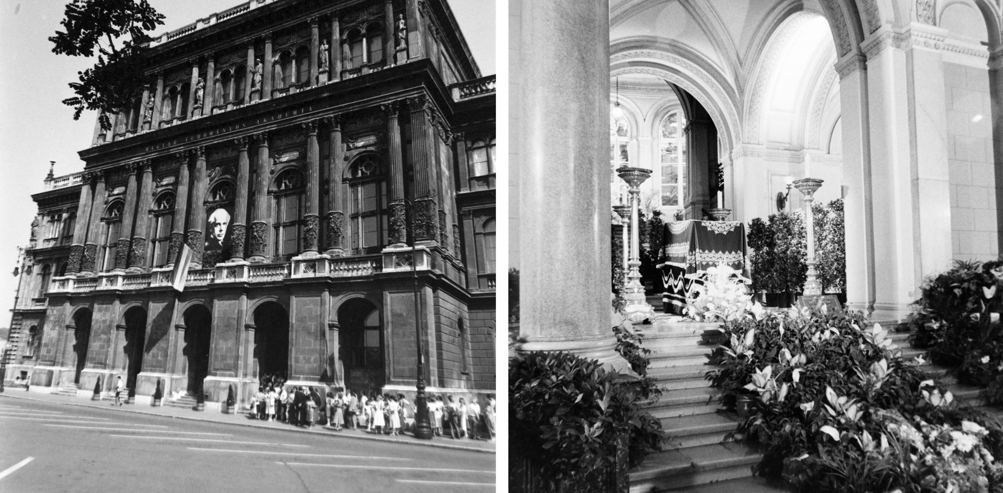 Részvétlátogatók sora a MTA épülete előtt, ahol 1988-ban felravatalozták Bartók koporsóját / Bartók Béla ravatala a MTA Székház előcsarnokában